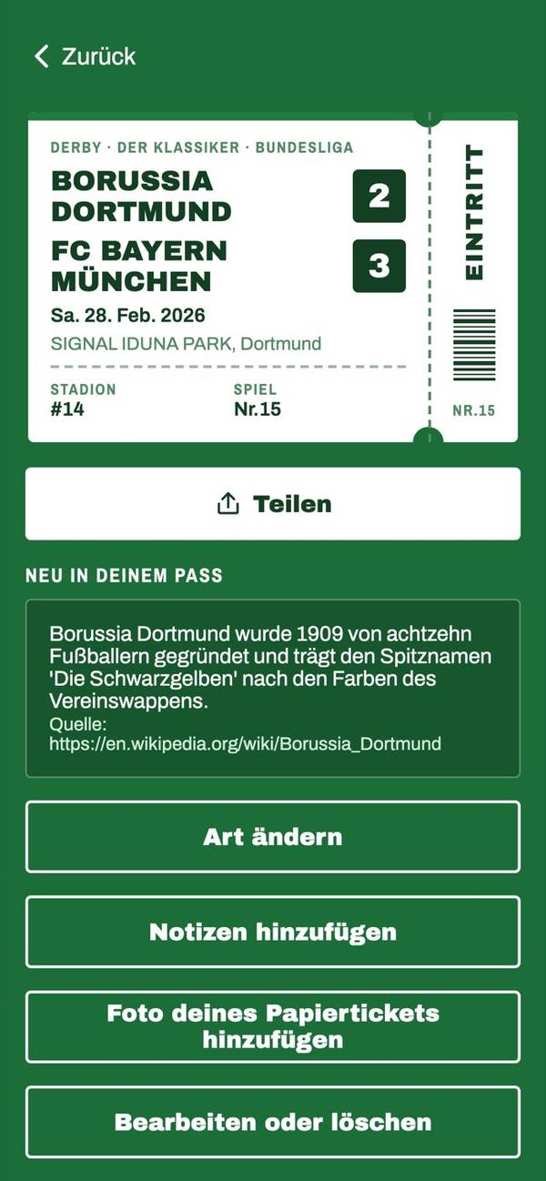 Die Matchtrail-App mit einem Spielticket