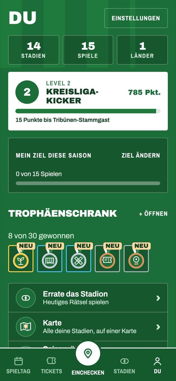 Die Matchtrail-App mit Stadien, Spielen, Ländern und Trophäen