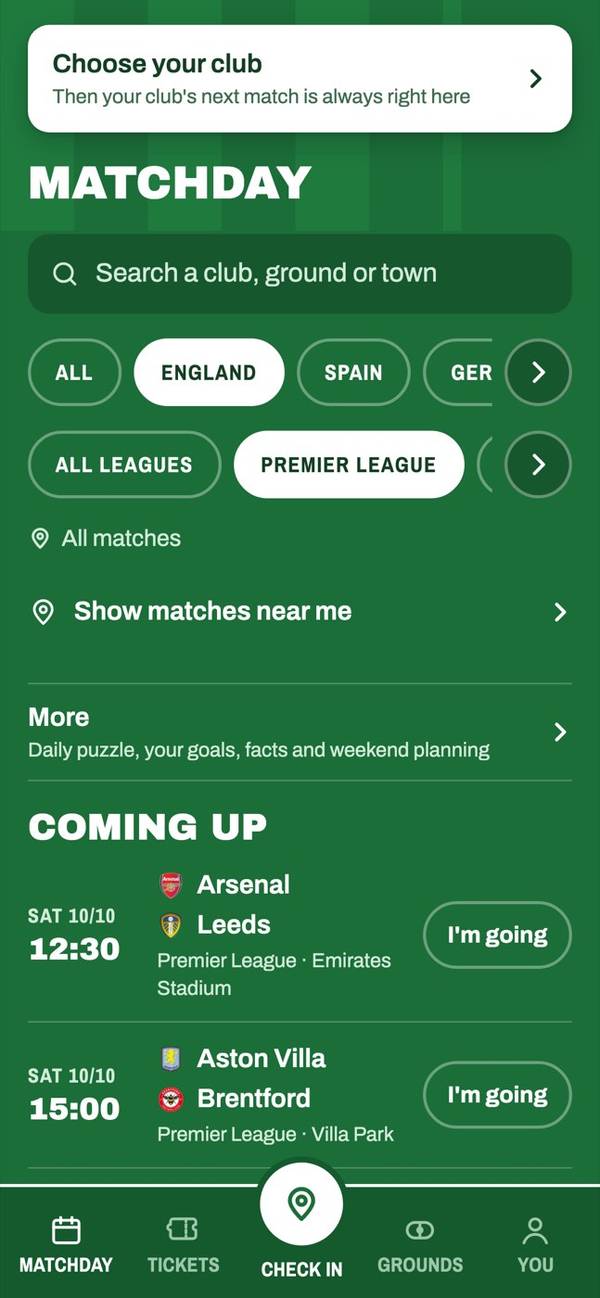 Matchday screen with upcoming fixtures
