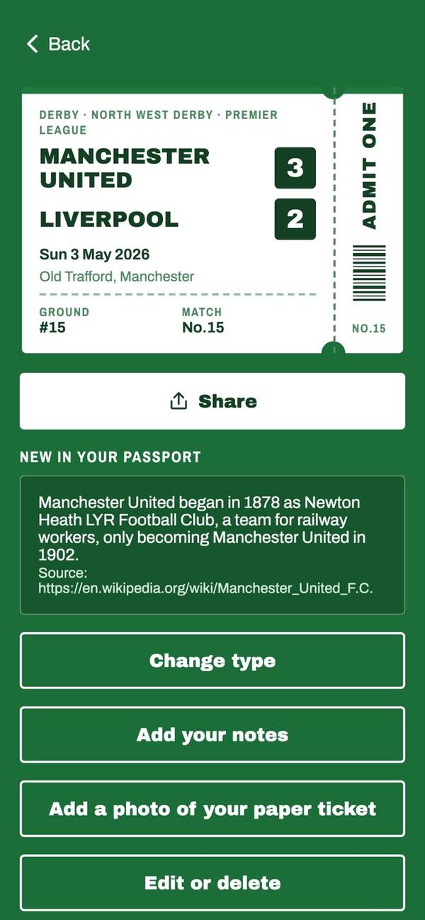 The Matchtrail app showing a match ticket
