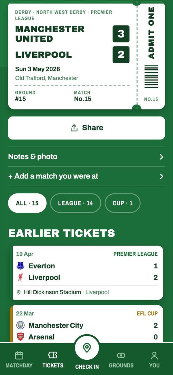 Tickets screen with the latest ticket