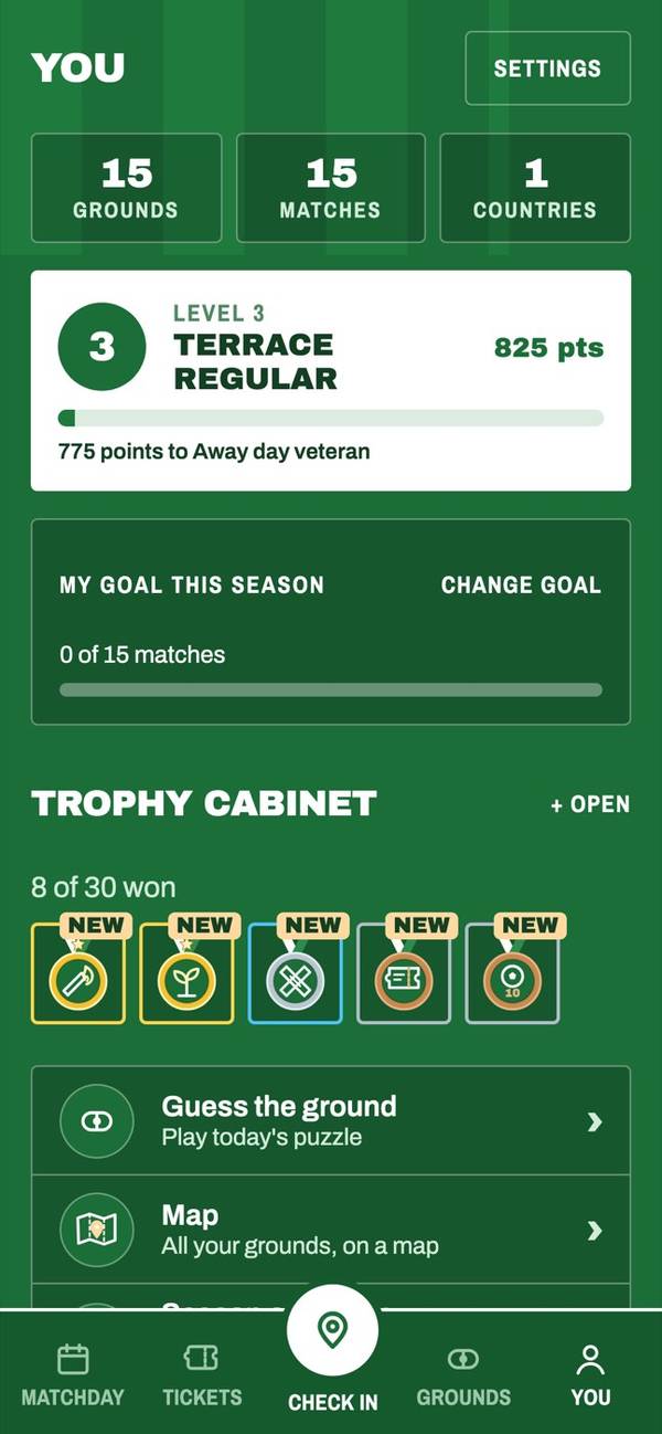 The Matchtrail app showing grounds, matches, countries and trophies