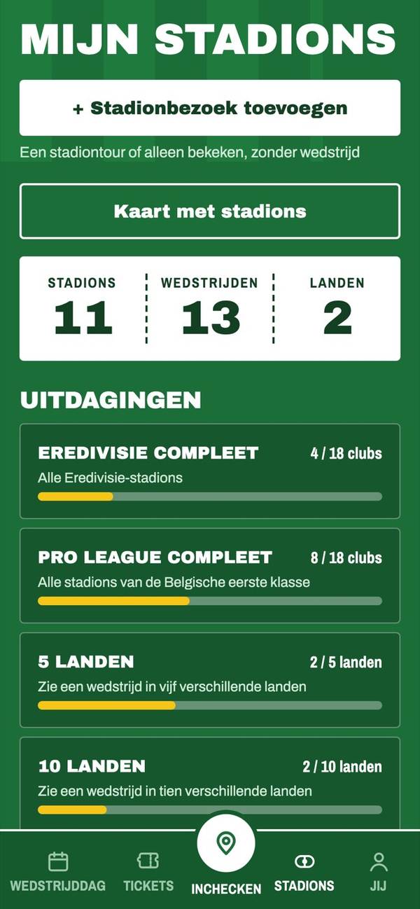 Stadions met totalen en uitdagingen