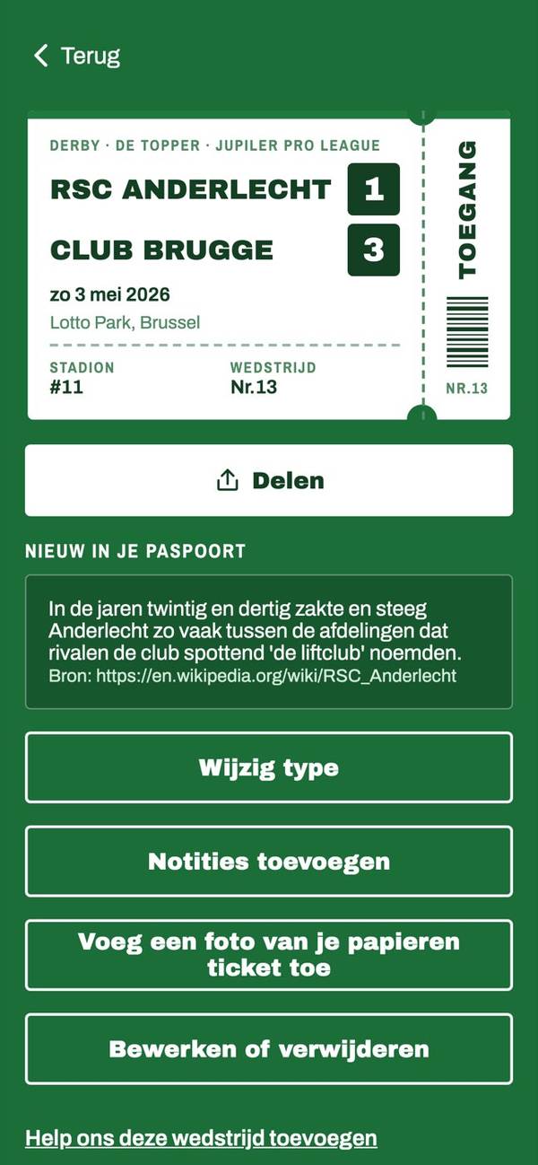 De Matchtrail-app met een wedstrijdticket