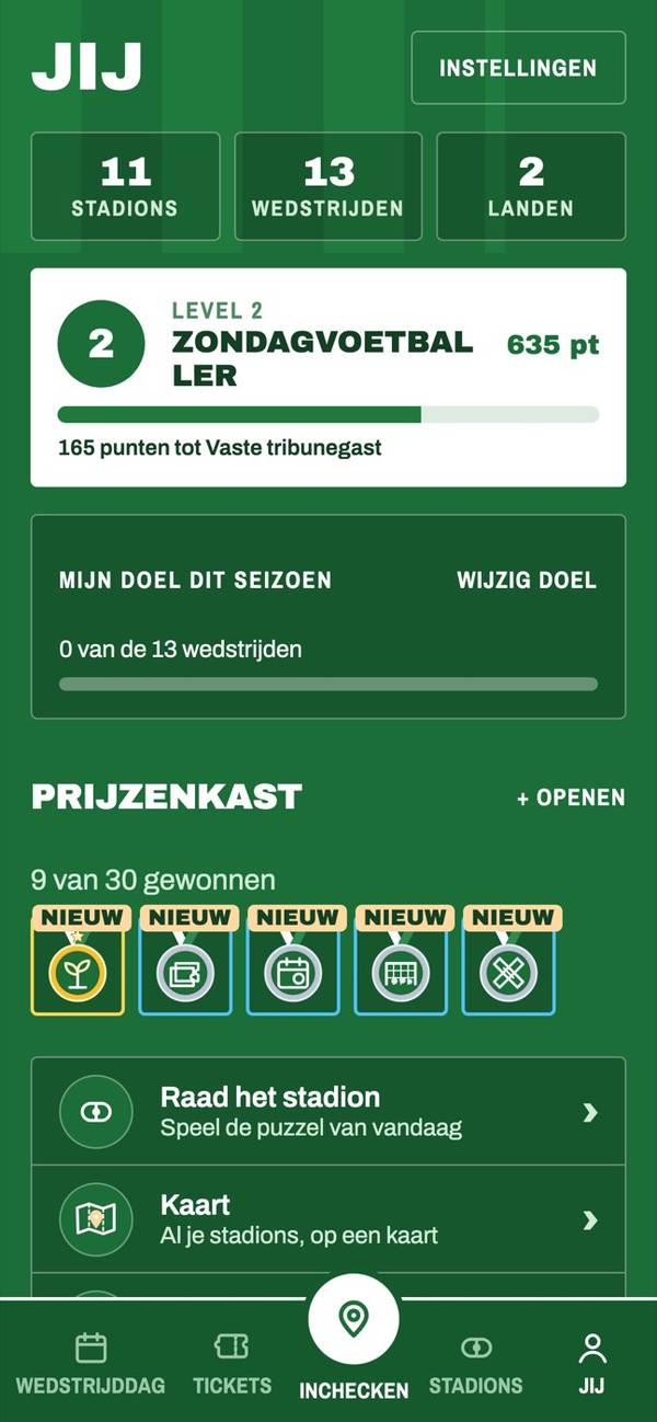 De Matchtrail-app met stadions, wedstrijden, landen en prijzen